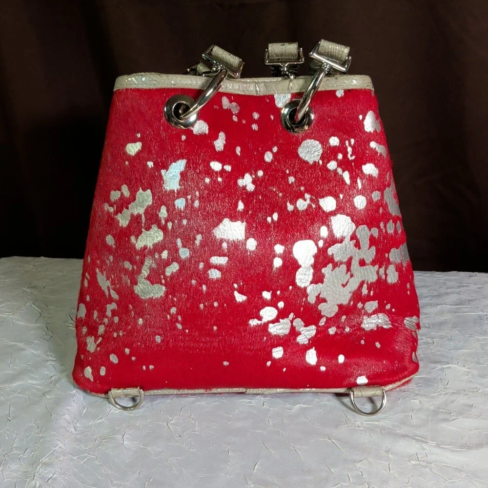 BSwanky B Swanky Handbag Backpack Red Silver Calf Hair Leather Cowhide Bohemian